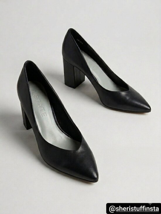 1.STATE Shoes - 1.STATE Black Leather Pointed Toe Block Heel Pumps Saffire 7M Sweetheart Vamp